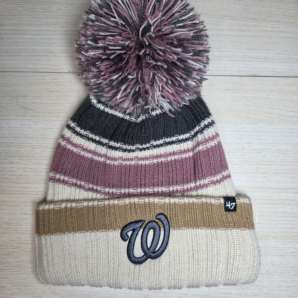 '47 Brand Women's Washington Nationals Beanie Hat OSFA Striped Pom MLB Winter - Picture 1 of 6